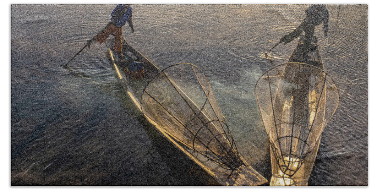 Fishermen Beach Towel featuring the photograph two traditional Intha fishermen by Ann Moore
