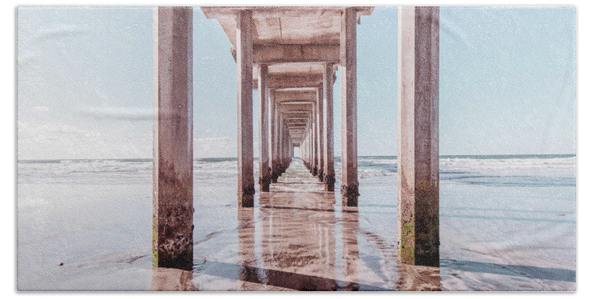 Pink Beach Towel featuring the photograph Under the Boardwalk Scripps Pier San Diego Square by Edward Fielding