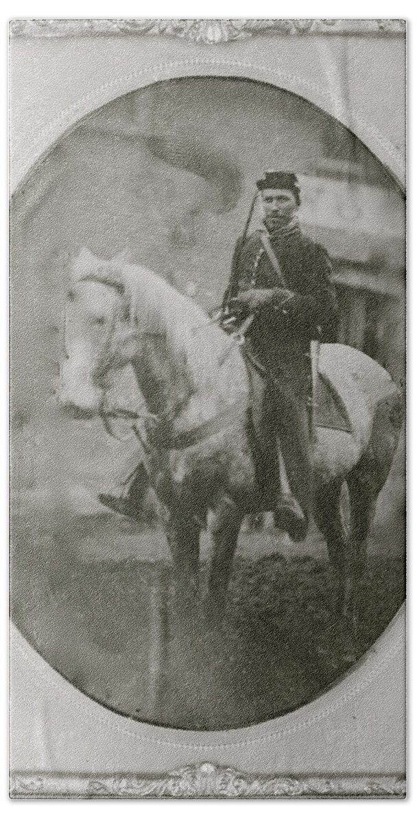 Negroes Beach Towel featuring the painting Unidentified African American soldier seated on horseback, facing left. by Unknown