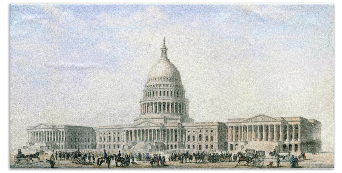 United States Capitol Beach Towel featuring the drawing United States Capitol Design for New Dome and Wings 1855 by Thomas Ustick Walter