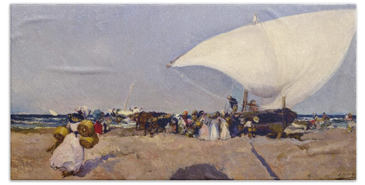 Joaquin Sorolla Beach Towel featuring the painting Unloading The Boat -'descargando La Barca'- - 1893. by Joaquin Sorolla -1863-1923-