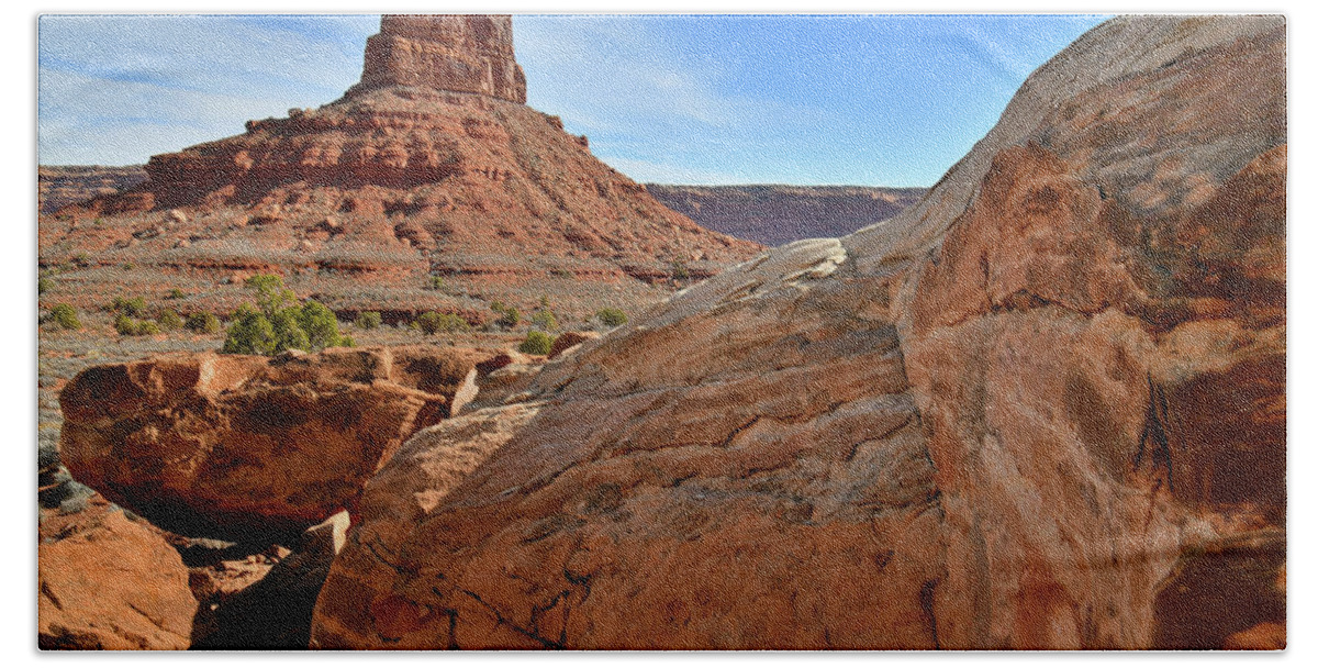 Valley Of The Gods Beach Towel featuring the photograph Valley of the Gods Butte and Boulders by Ray Mathis