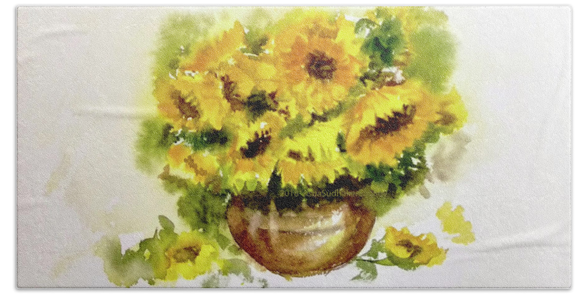 Floral Watercolors Beach Towel featuring the painting Vase of sunflowers by Asha Sudhaker Shenoy