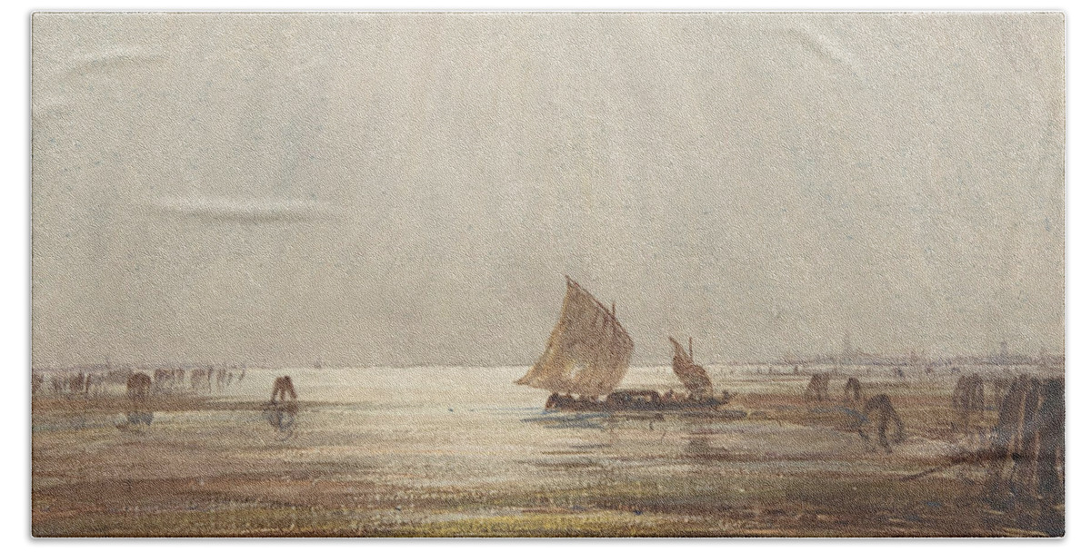 19th Century Art Beach Towel featuring the drawing Venetian Fishing Boat by Felix Ziem