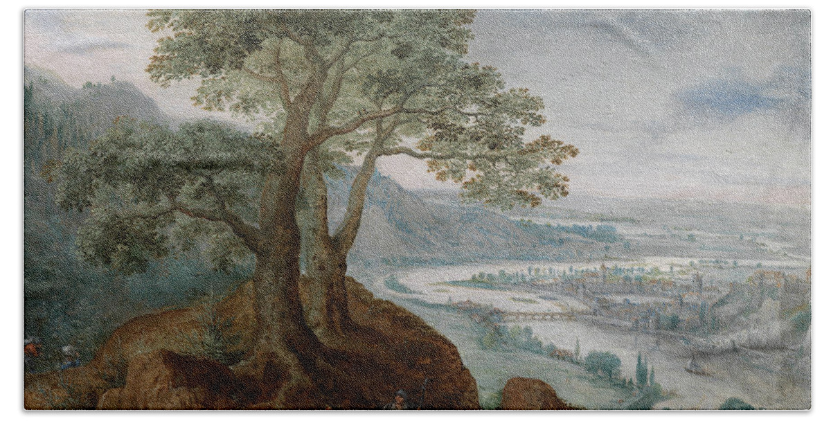 16th Century Art Beach Towel featuring the painting View from Postlinberg to the City of Linz with a Farmer's Wife by Frederik van Valckenborch