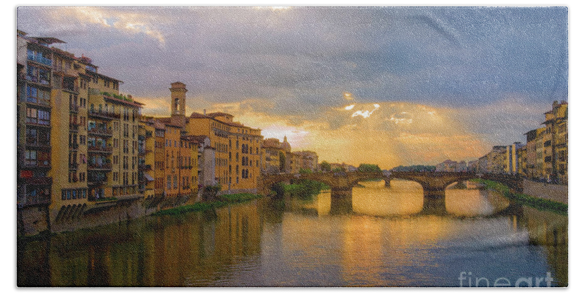 Arno River Beach Sheet featuring the photograph View of the Arno from the Ponte Vecchio by Diane Diederich
