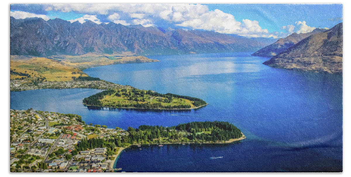 Queenstown Beach Towel featuring the photograph View on Queenstown from Bob's Peak, New Zealand by Lyl Dil Creations