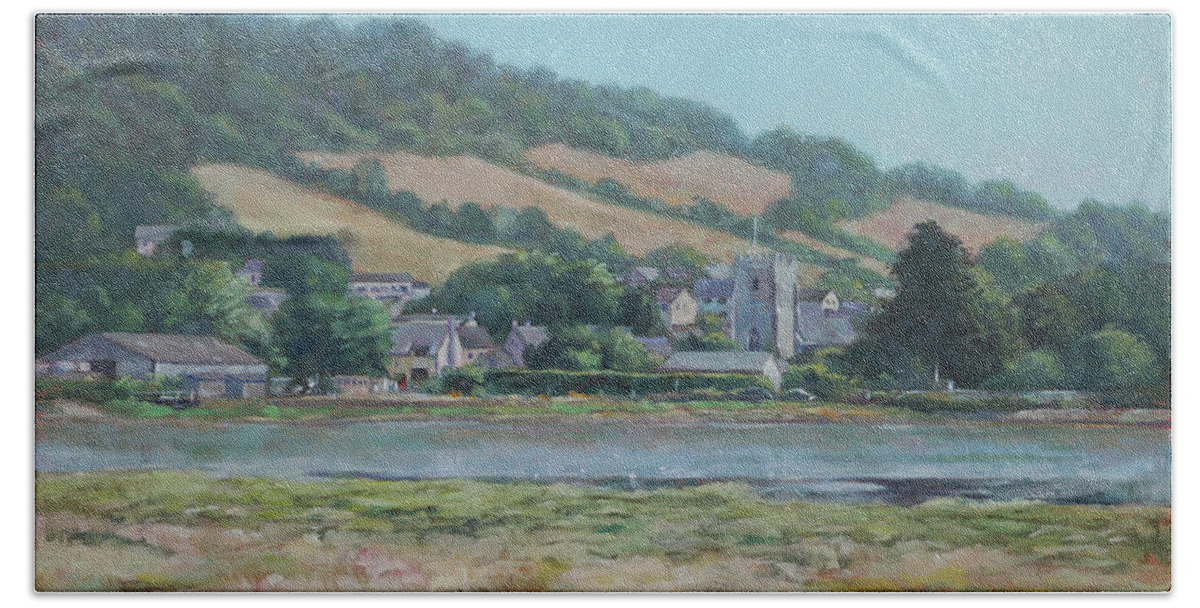 River Beach Sheet featuring the painting Village of Axmouth on the river Axe by Martin Davey