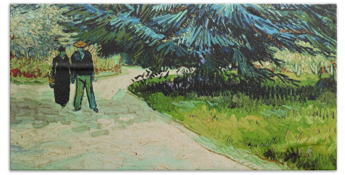 Public Garden With Couple And Blue Fir Tree: The Poet's Garden Iii Beach Towel featuring the painting Vincent Van Gogh / 'Public Garden with Couple and Blue Fir Tree The Poet's Garden III', 1888. by Vincent van Gogh -1853-1890-