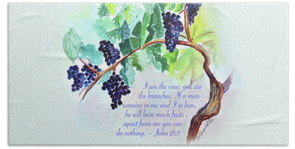 Vine Beach Towel featuring the painting Vine and Branch with Scripture by Allison Ashton