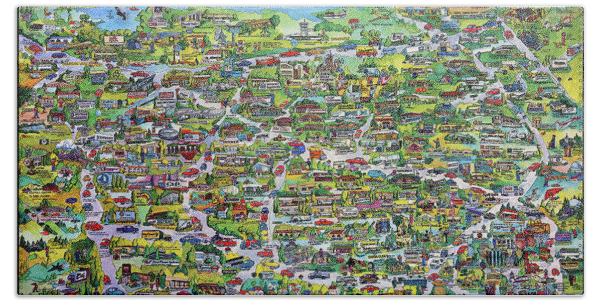 Silicon Valley Beach Towel featuring the mixed media Vintage 1982 Silicon Valley USA Poster Print, Shows Many Historic Companies and Places by Kathy Anselmo