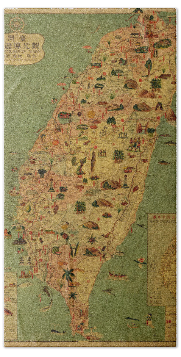 Vintage Beach Towel featuring the mixed media Vintage Map of Taiwan by Design Turnpike