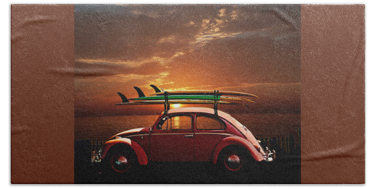 Volkswagen Beach Towel featuring the photograph Volkswagen Beetle With Surfboards At Sunset by Larry Butterworth