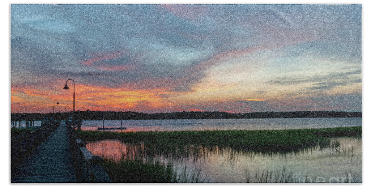 Sunset Beach Towel featuring the photograph Wando River Golden Sunset Sky by Dale Powell