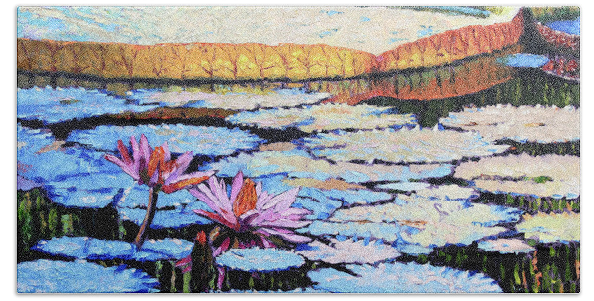 Water Lilies Beach Sheet featuring the painting Golden Light on Lilies #1 by John Lautermilch