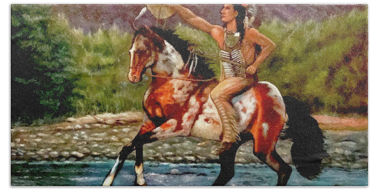Indian Beach Towel featuring the painting Warrior Native America Indian by Leland Castro