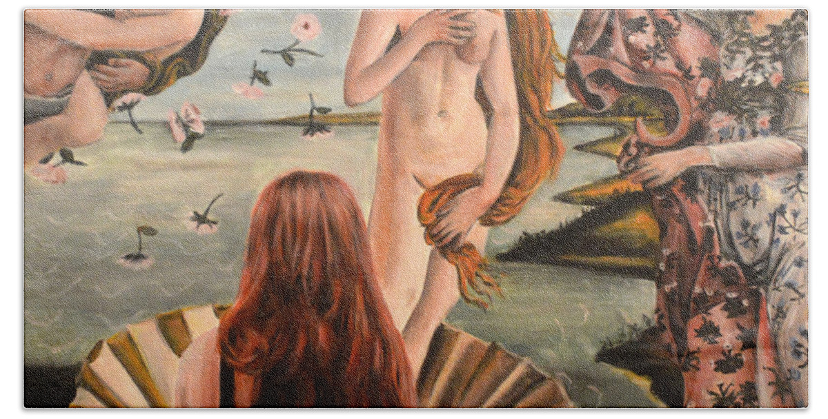 Watching The Birth Of Venus Beach Towel featuring the painting Watching the birth of venus by Escha Van den bogerd