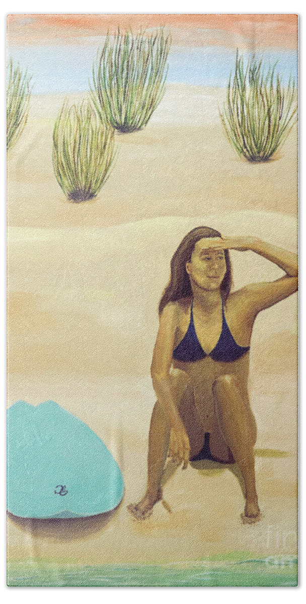 Surfer Girl Painting Beach Towel featuring the painting Watching the Break by Jenn C Lindquist