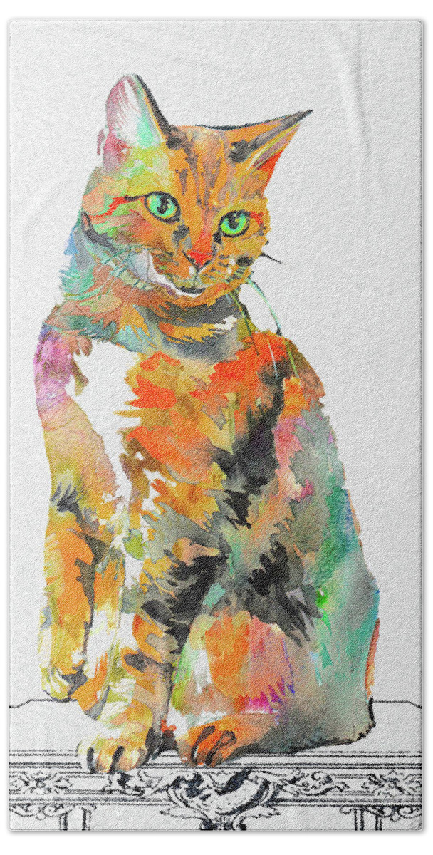 Cat Beach Towel featuring the painting Watercolor Cat on Table A by Jean Plout