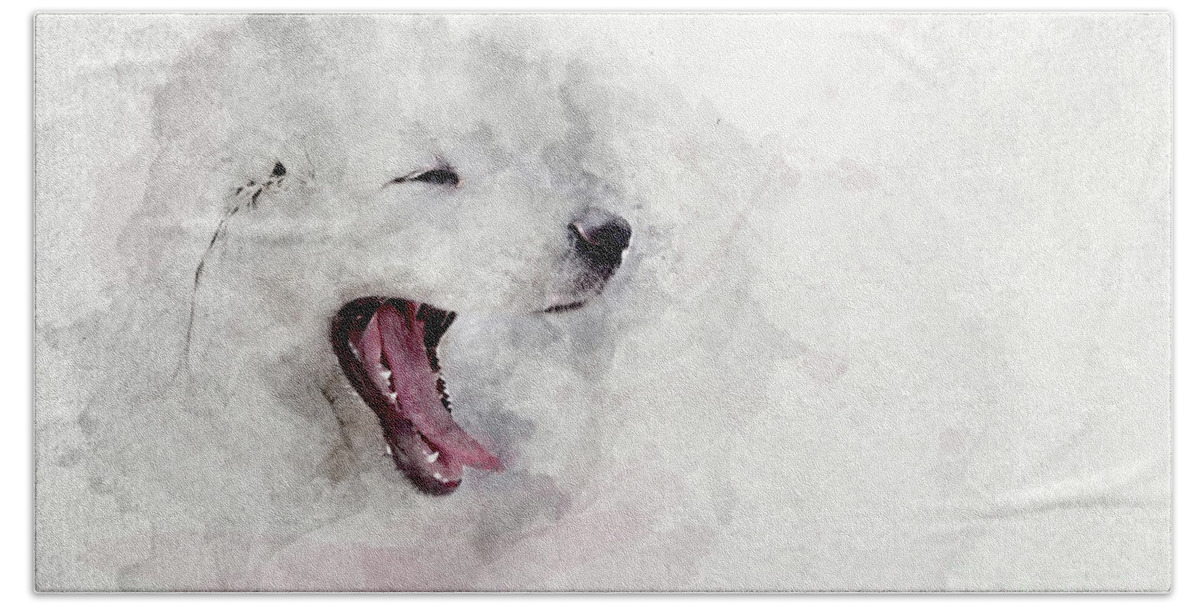 Puppy Beach Towel featuring the photograph Watercolor image of white puppy dog yawning. by Michal Bednarek