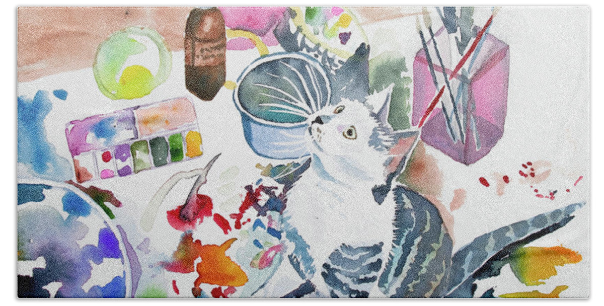 Kitten Beach Sheet featuring the painting Watercolor - Kitten on my Painting Table by Cascade Colors