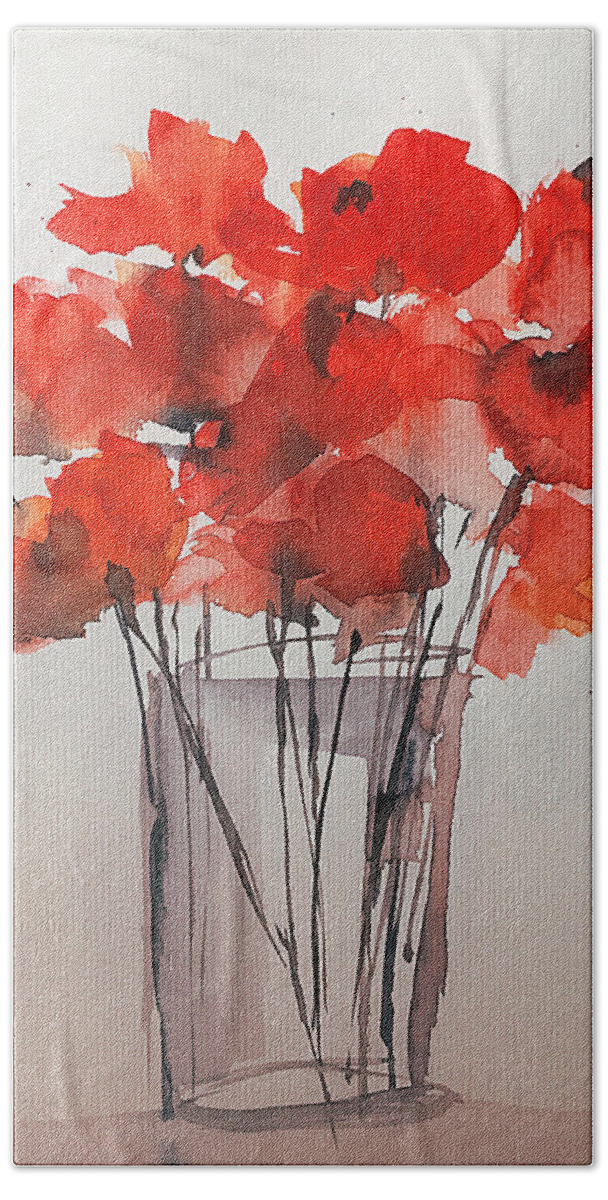 Red Beach Towel featuring the painting Watercolor Red Poppies In The Vase by Britta Zehm