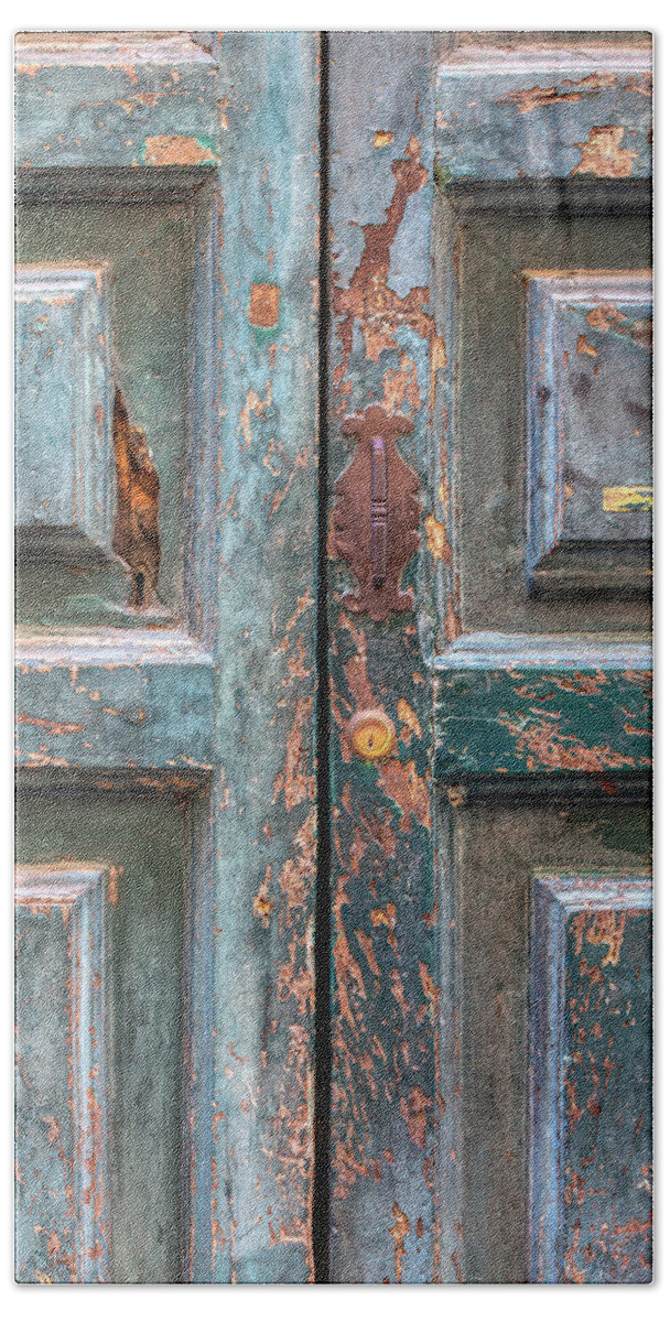 Cortona Beach Towel featuring the photograph Weathered Rustic Green Door of Cortona by David Letts
