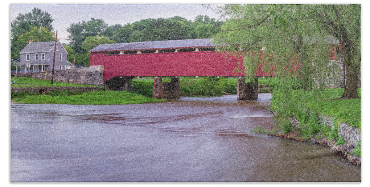 Covered Beach Towel featuring the photograph Wehr's Covered Bridge over Jordan Creek by Jason Fink
