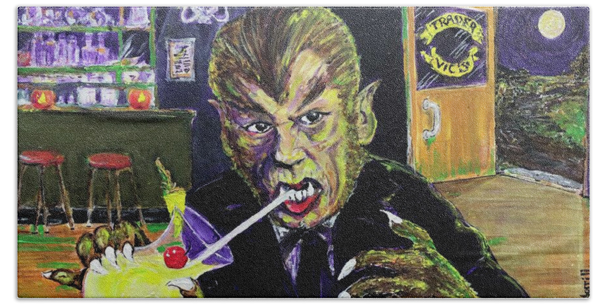 Werewolf Werewolves Of London Universal Monsters Pina Colada Warren Zevon Halloween Henry Hull Hollywood Mai-tai 1935 1978 1995 2014 Tonga Hut Beast In Show Witch's Dungeon Universal Ioka Bristol Connecticut Kent Beach Sheet featuring the painting Werewolf Drinking A Pina Colada At Trader Vic's by Jonathan Morrill
