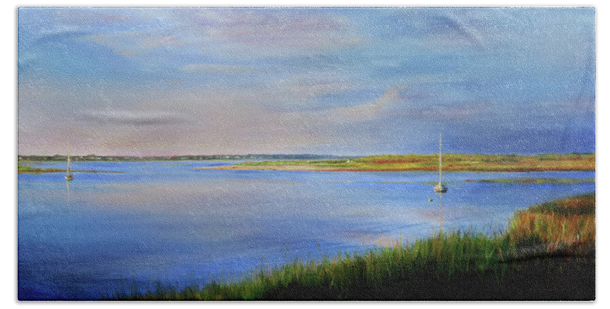 Cape Cod Beach Towel featuring the painting West Bay Landing, Osterville, late afternoon by Jonathan Gladding