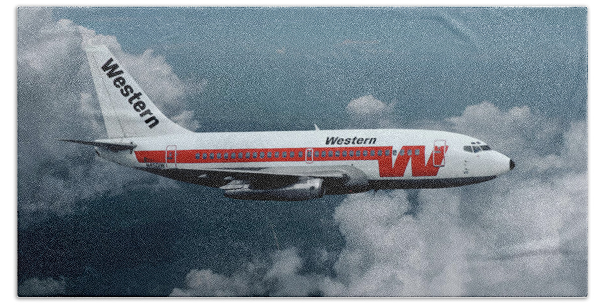 Western Airlines Beach Towel featuring the mixed media Western Airlines Boeing 737-247 by Erik Simonsen