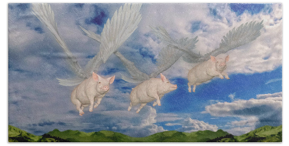 Pig Beach Towel featuring the digital art When Pigs Fly by Betsy Knapp