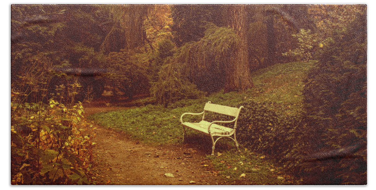 Jenny Rainbow Fine Art Photography Beach Towel featuring the photograph White Bench in Secret Garden 1 by Jenny Rainbow