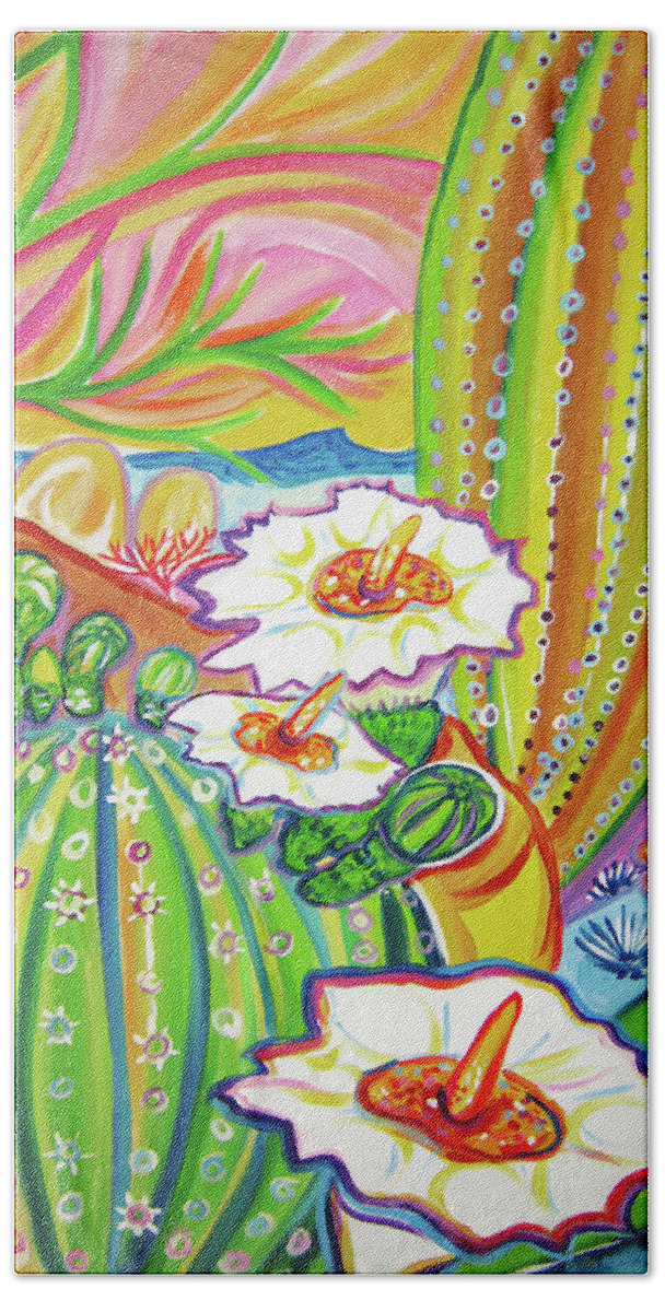 Rachel Houseman Beach Towel featuring the painting White Cactus Flowers by Rachel Houseman