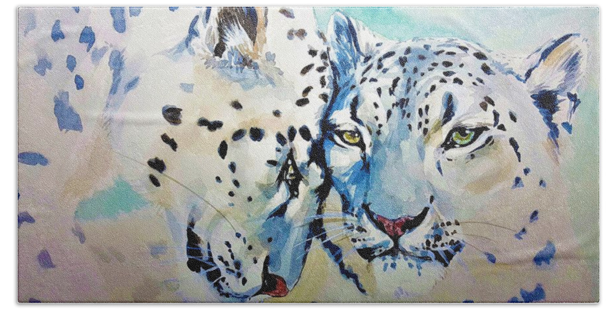 Snow Leopard Beach Towel featuring the painting Snow Leopard by ArtMarketJapan