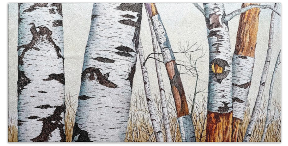 Birch Beach Towel featuring the painting Wild Birch Trees in the Forest in watercolor by Christopher Shellhammer