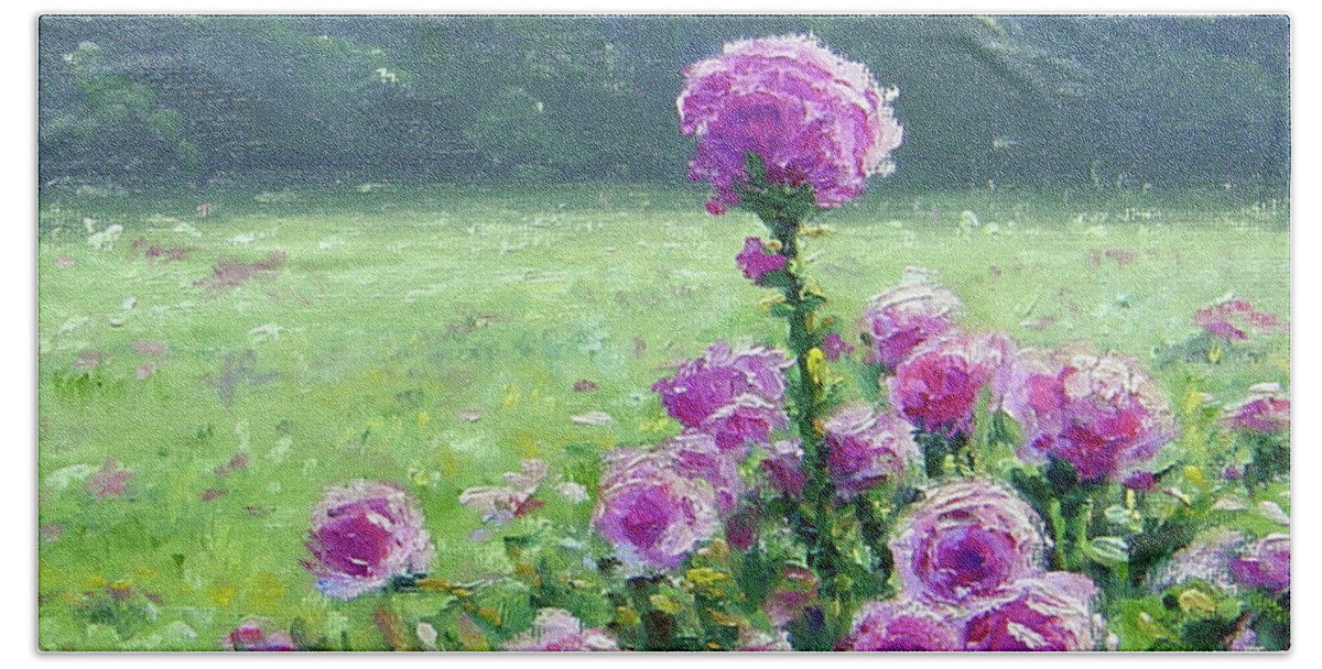 Garden Beach Towel featuring the painting Wild Roses by Rick Hansen