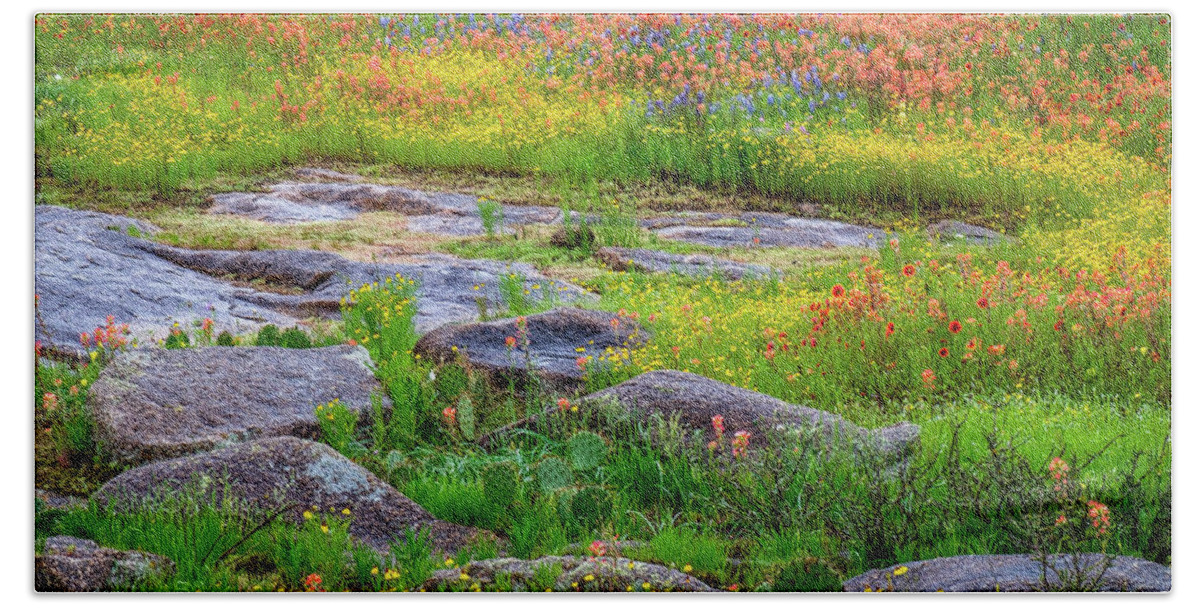 Texas Wildflowers Beach Towel featuring the photograph Wildflower Rock by Johnny Boyd