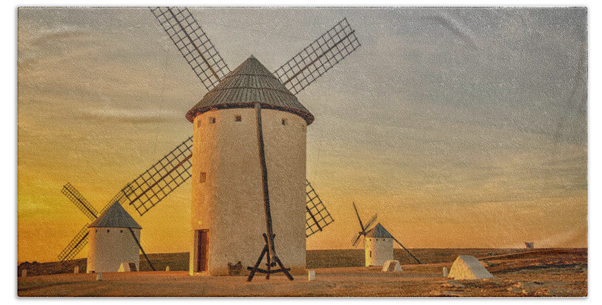 Spain Beach Towel featuring the photograph Windmills at Campo de Criptana La Mancha Spain_GRK2370_02062019 by Greg Kluempers
