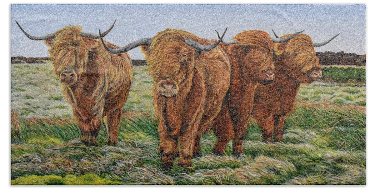 Cattle Beach Sheet featuring the painting Windswept Highland Cattle by Marilyn McNish