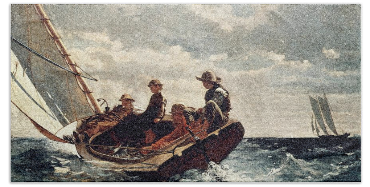 Painting Beach Towel featuring the painting Winslow Homer Breezing Up -A Fair Wind-. Date/Period 1873 - 1876. Painting. by Winslow Homer