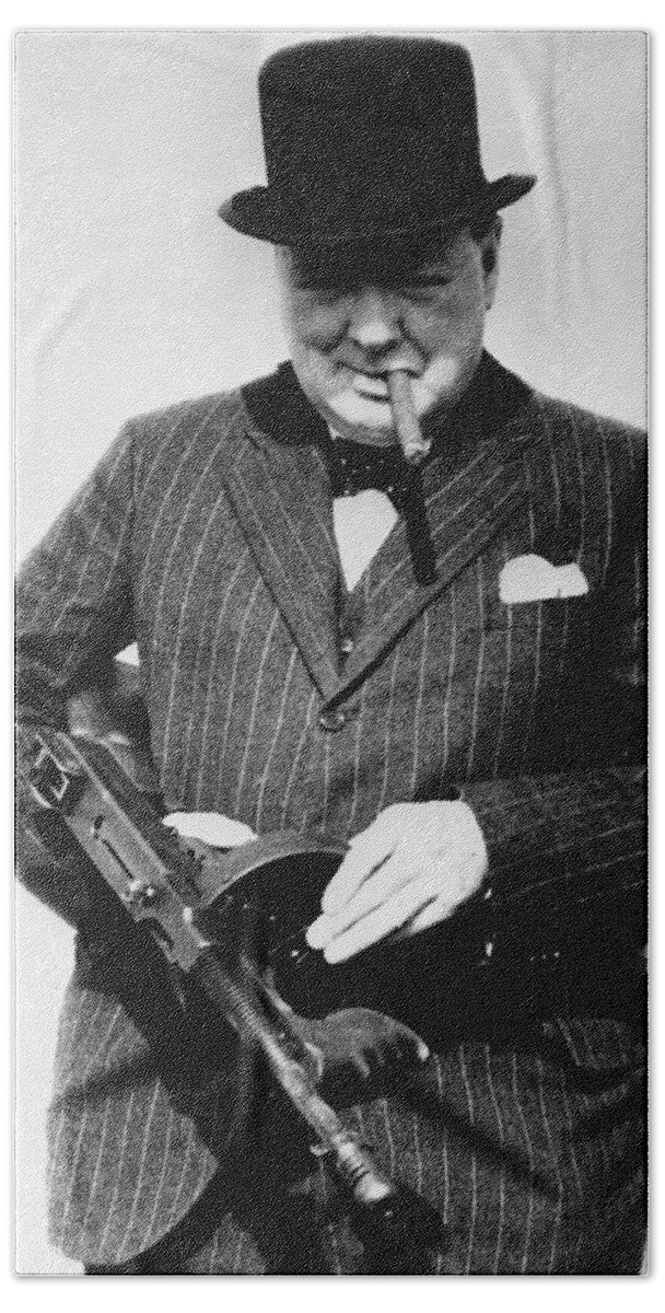 Winston Churchill Beach Sheet featuring the painting Winston Churchill with Tommy Gun by English School