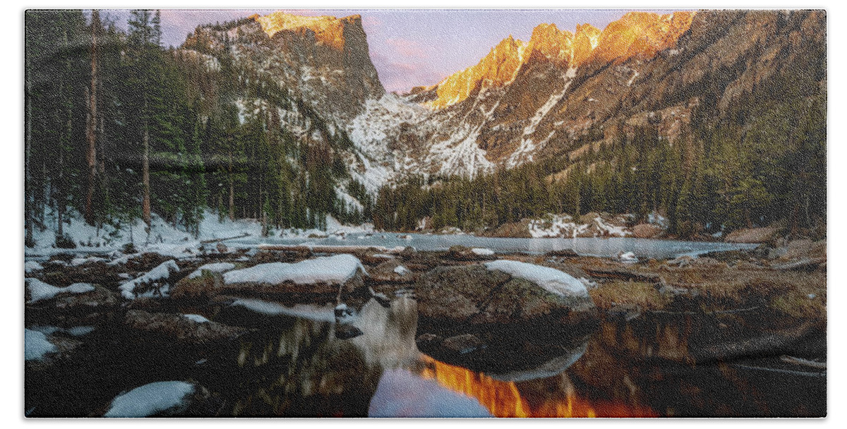 Lake Beach Towel featuring the photograph Winter at Dream Lake by David Soldano