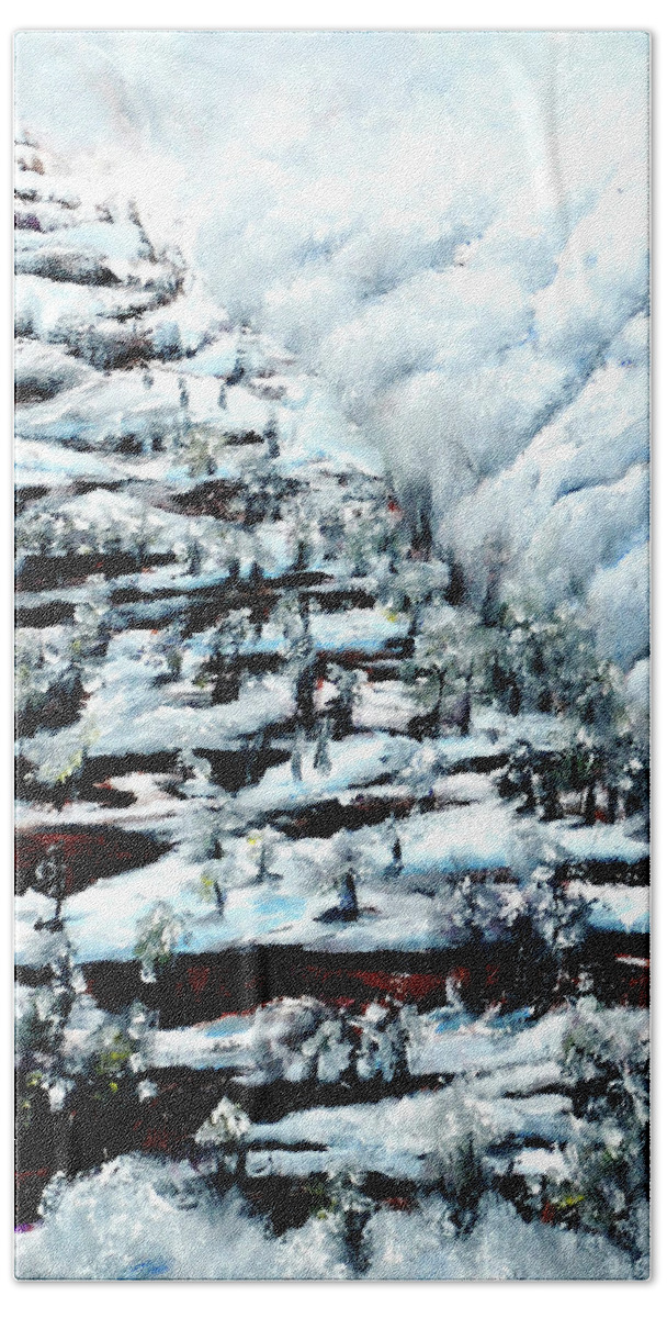 Snow Beach Towel featuring the painting Winter in Mountains by Medea Ioseliani