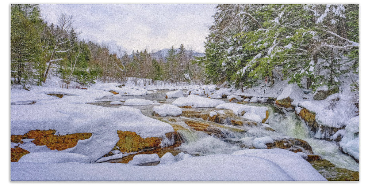 Snow Beach Towel featuring the photograph Winter On The Swift River. by Jeff Sinon