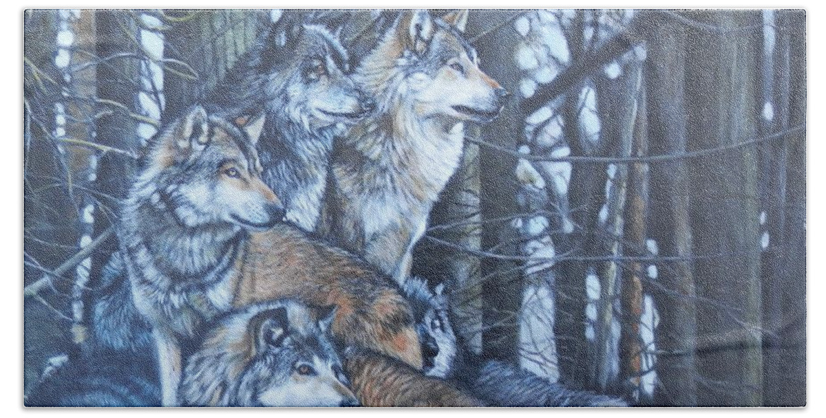 Wolf Beach Towel featuring the painting Wolf Pack by John Neeve