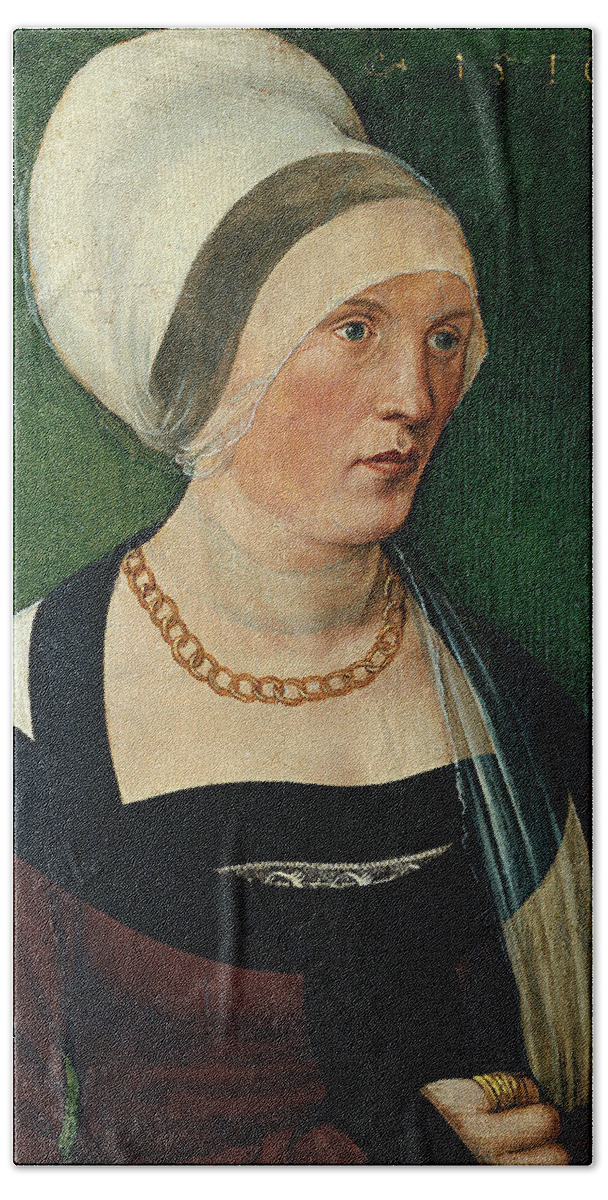 Oil Beach Towel featuring the painting Wolf Traut -Nuremberg ca. 1485-1520-. Portrait of a Woman -1510-. Oil on panel. 37.5 x 28.5 cm. by Wolf Traut -1486-1520-