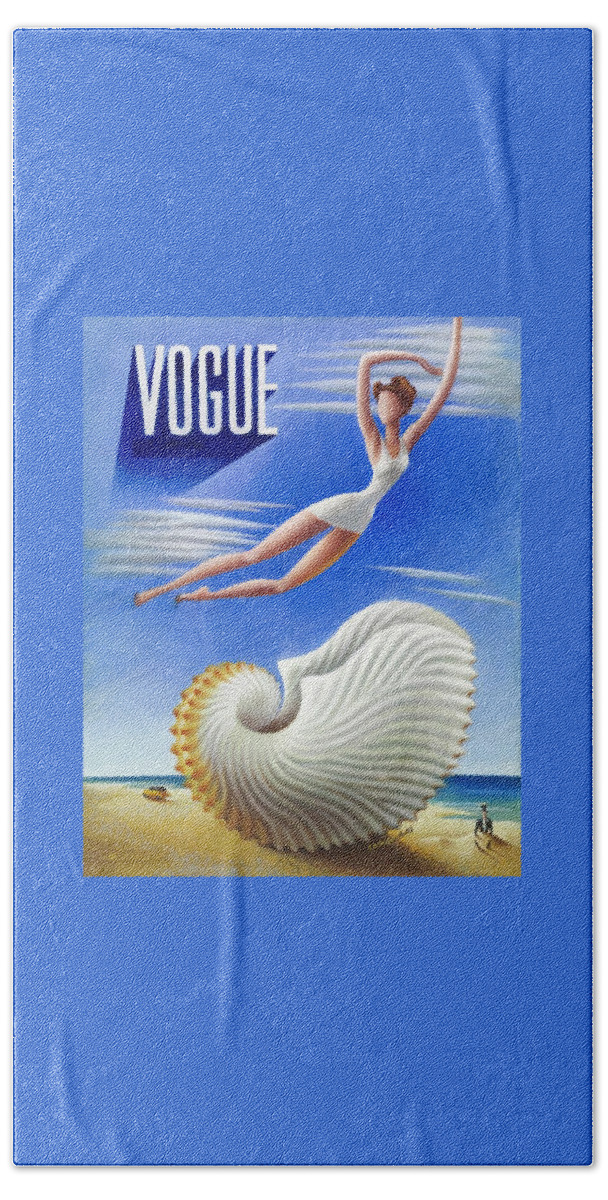 Woman In White Swimsuit Floating Above A Shell Beach Towel