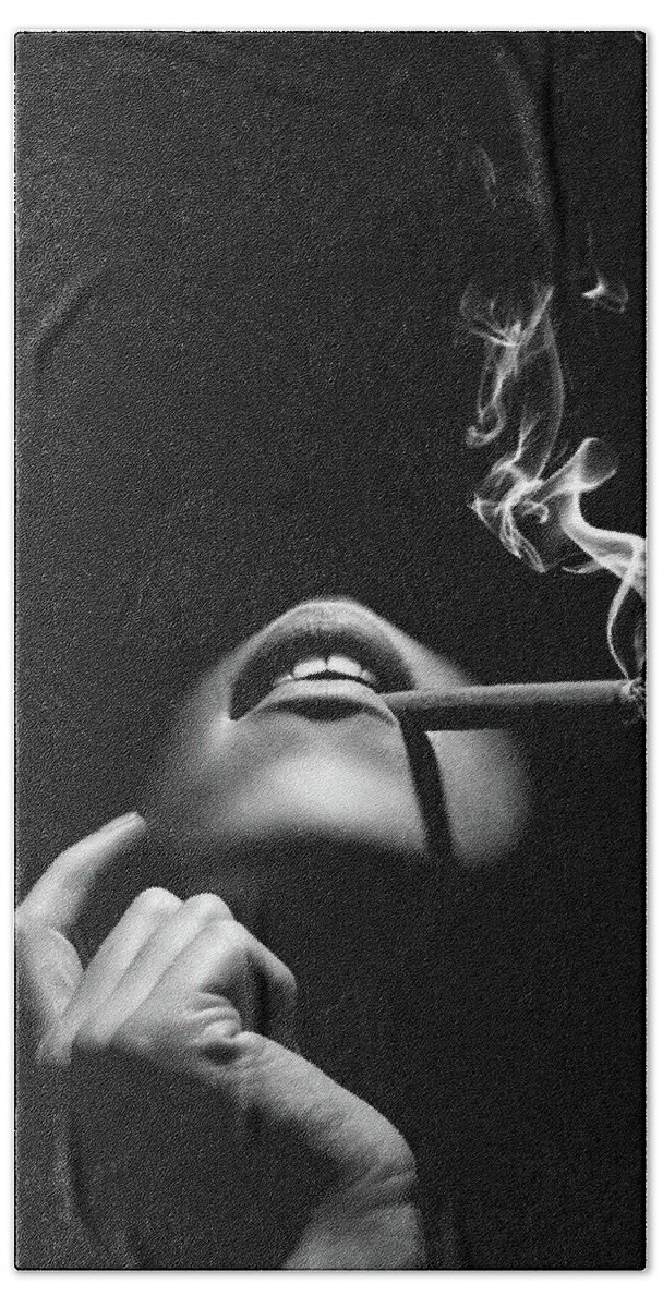 Woman Beach Towel featuring the photograph Woman smoking a cigar by Johan Swanepoel