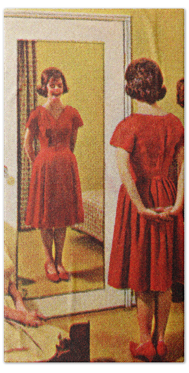Adult Beach Towel featuring the drawing Woman Wearing Red Dress in Front of Mirror by CSA Images